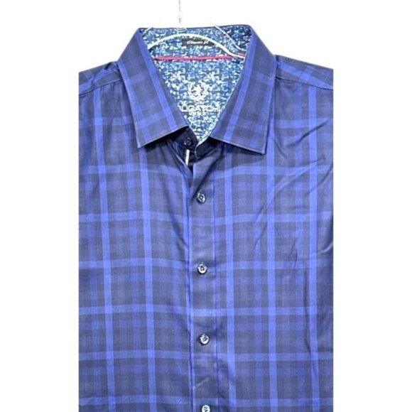 Bugatchi Uomo Mens XL Button-Up Long Sleeve Shirt Blue Plaid Classic Fit Collar - Picture 1 of 5